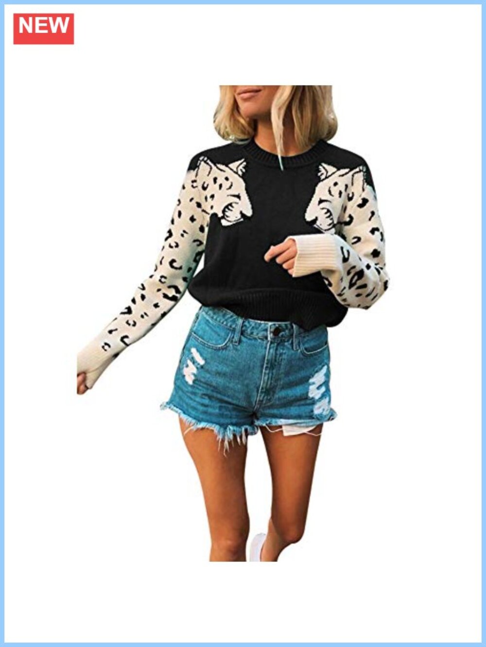 Women's Leopard Print Patchwork Knitted Pullover Sweater Crew Neck Long Sleeve